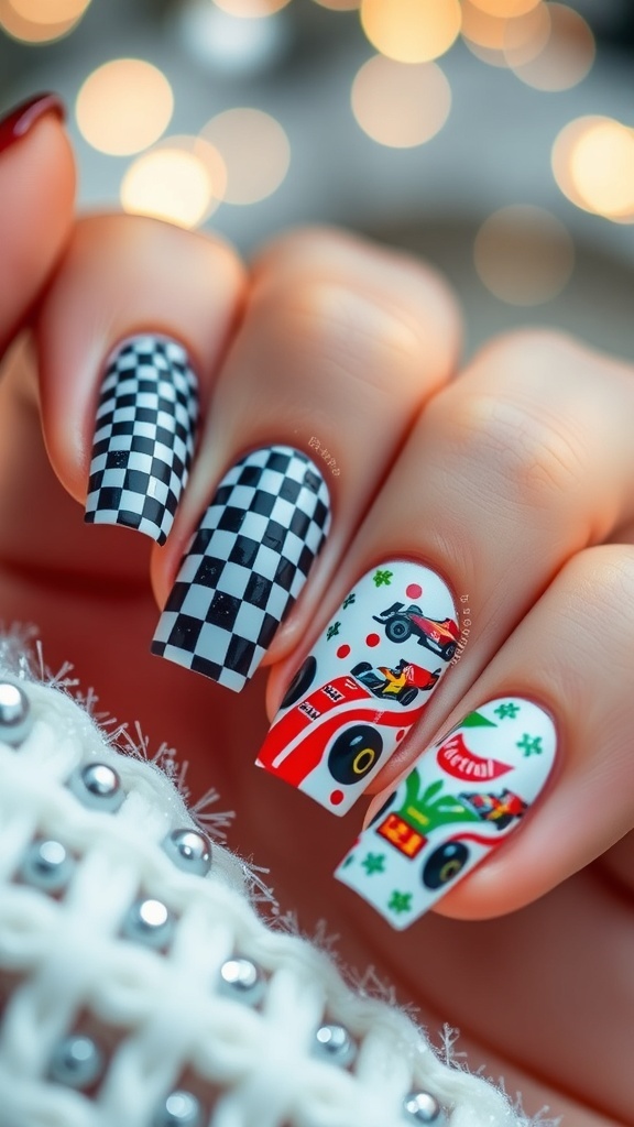 Christmas themed Formula 1 nail art with checkered flags and racing designs.